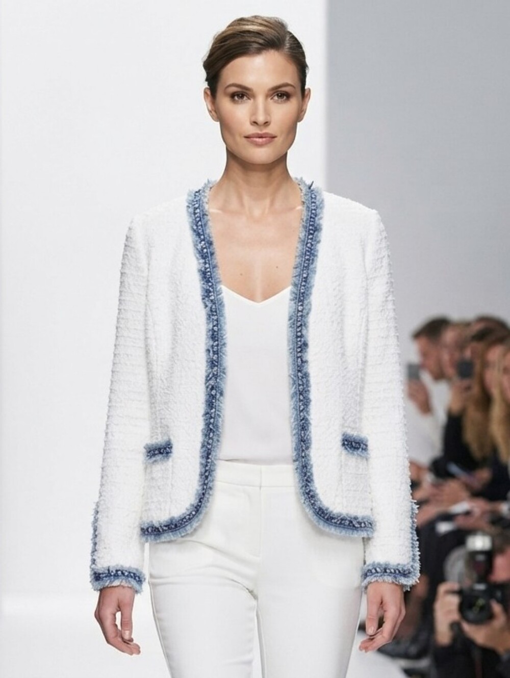 NIC+ZOE White Textured Knit Cardigan Blue Fringe Trim Open Front Sweater Size XL